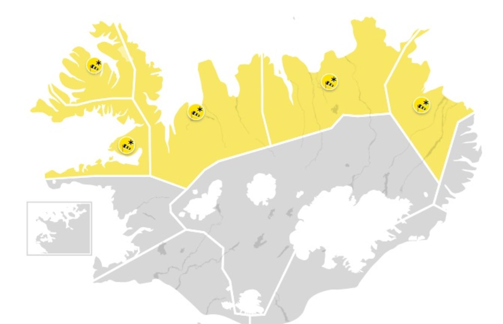Une alerte jaune est en vigueur dans les Westfjords, Breiðafjörður...