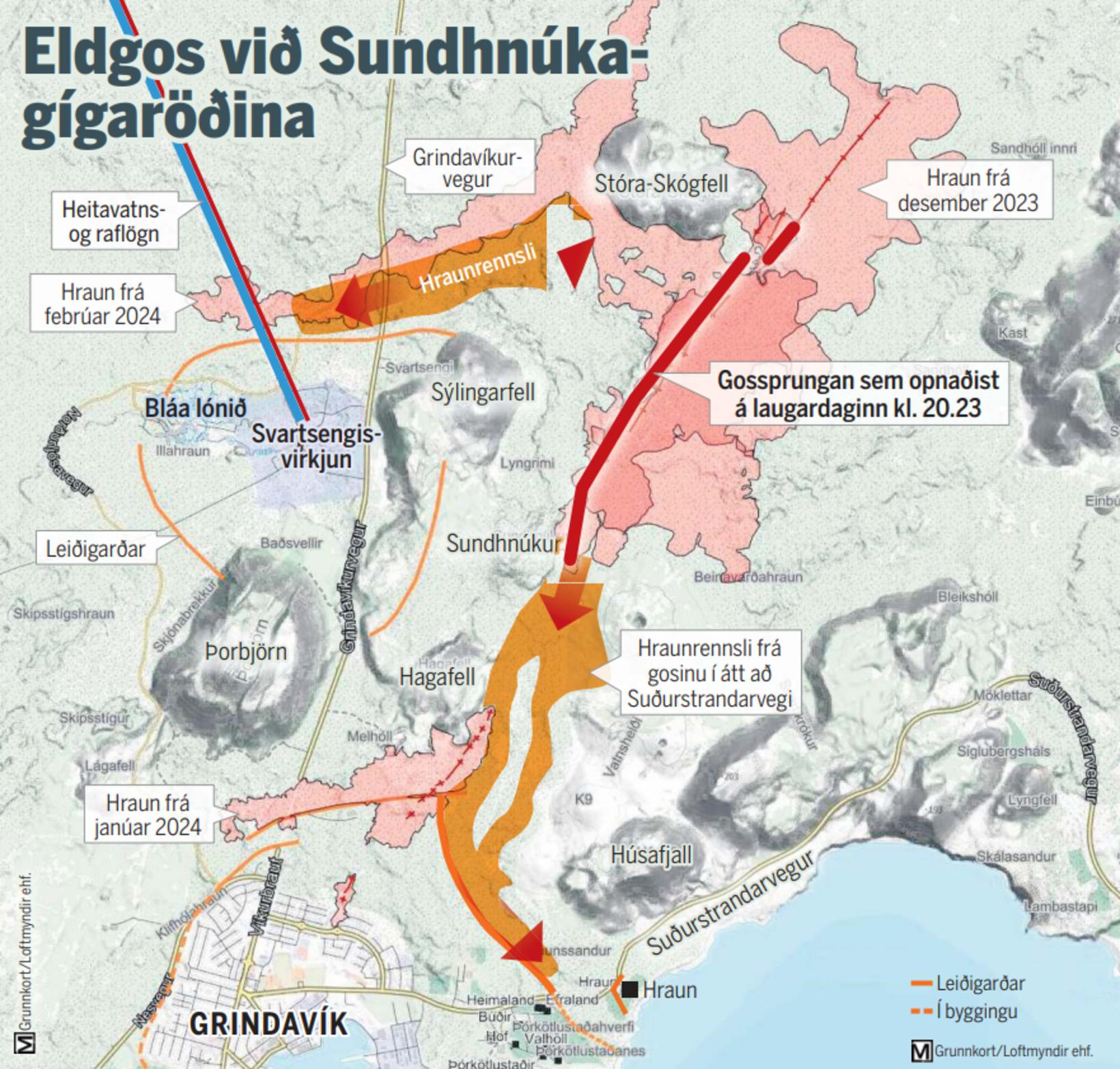 Une carte montrant la dernière fissure d'éruption (ligne rouge foncé).  …