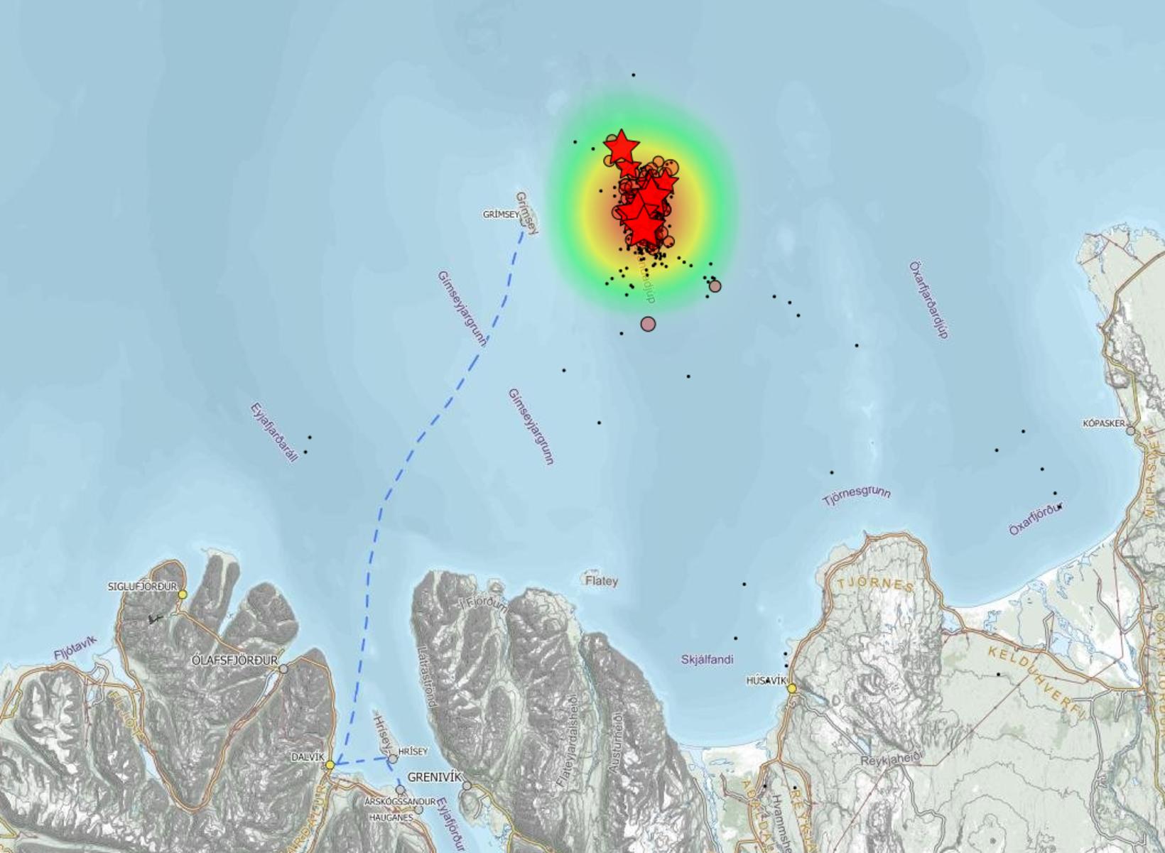 La carte montre l'activité sismique autour de Grímsey sur le…