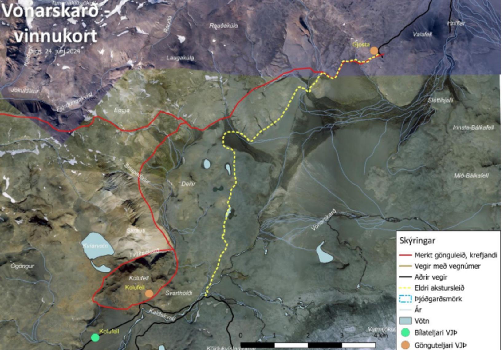 Ici, vous pouvez voir où se déroule la route à travers Vonarskarð.